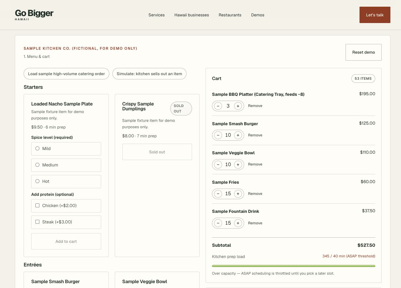An actual screen from our sample restaurant ordering demo